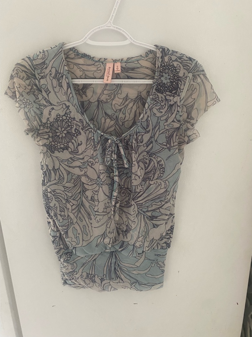 Sweet Pea by Stacy Frati Sheer Floral Tie-Neck Blouse in Light Blue and Cream
